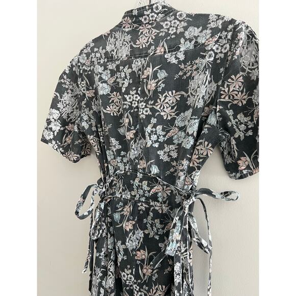 Vintage Lightweight Sundress Black Floral Side Ties Collar Small Medium JL - Picture 6 of 9
